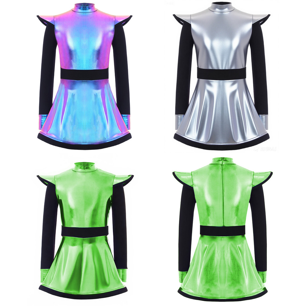 Fldy Damen Kostüm Space Girl Alien Kleid Metallic Metallic Body Tutu Rock Halloween Karneval Kostüm Spacewoman Cosplay Tanz Disco Party Outfit Blau S