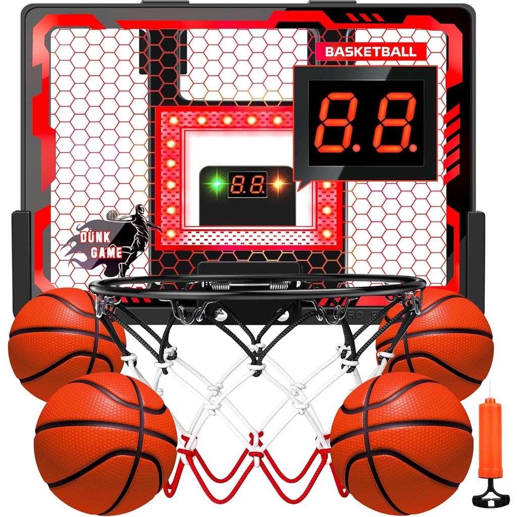 Aro De Baloncesto Infantil Para Puerta Con Altura Ajustable Y 5 Niveles – Incluye Luz LED, Marcador Electrónico, 3 Pelotas Y Red, Para Niños De 4 A 12 Años