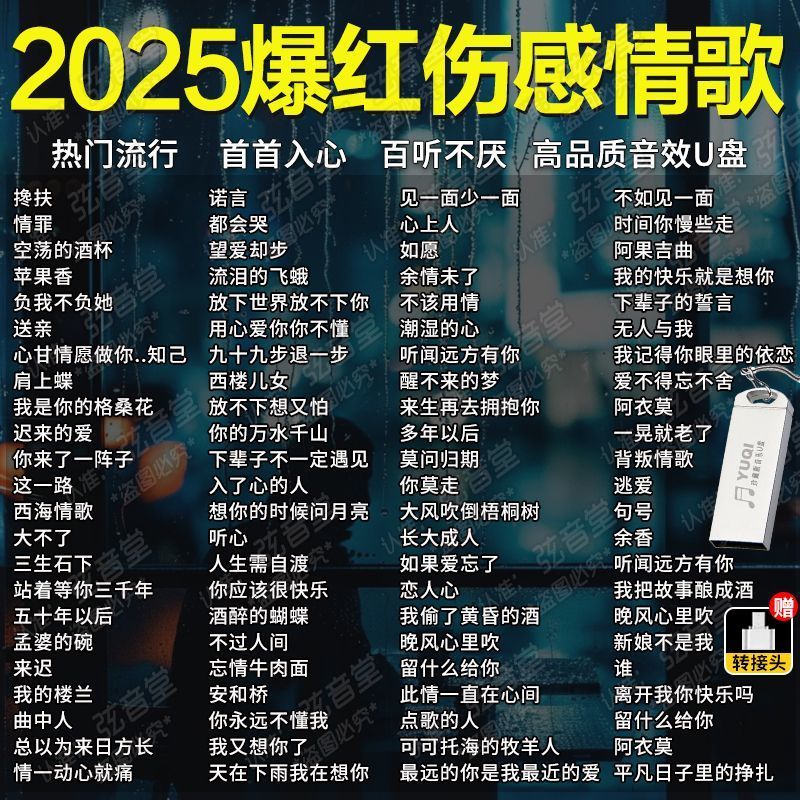 2025 流行 伤感情 歌 神曲 滩 通用 高 音质 音乐 U 盘 网络 论 泪 MP3/4 田 单 2025 Canciones De ...