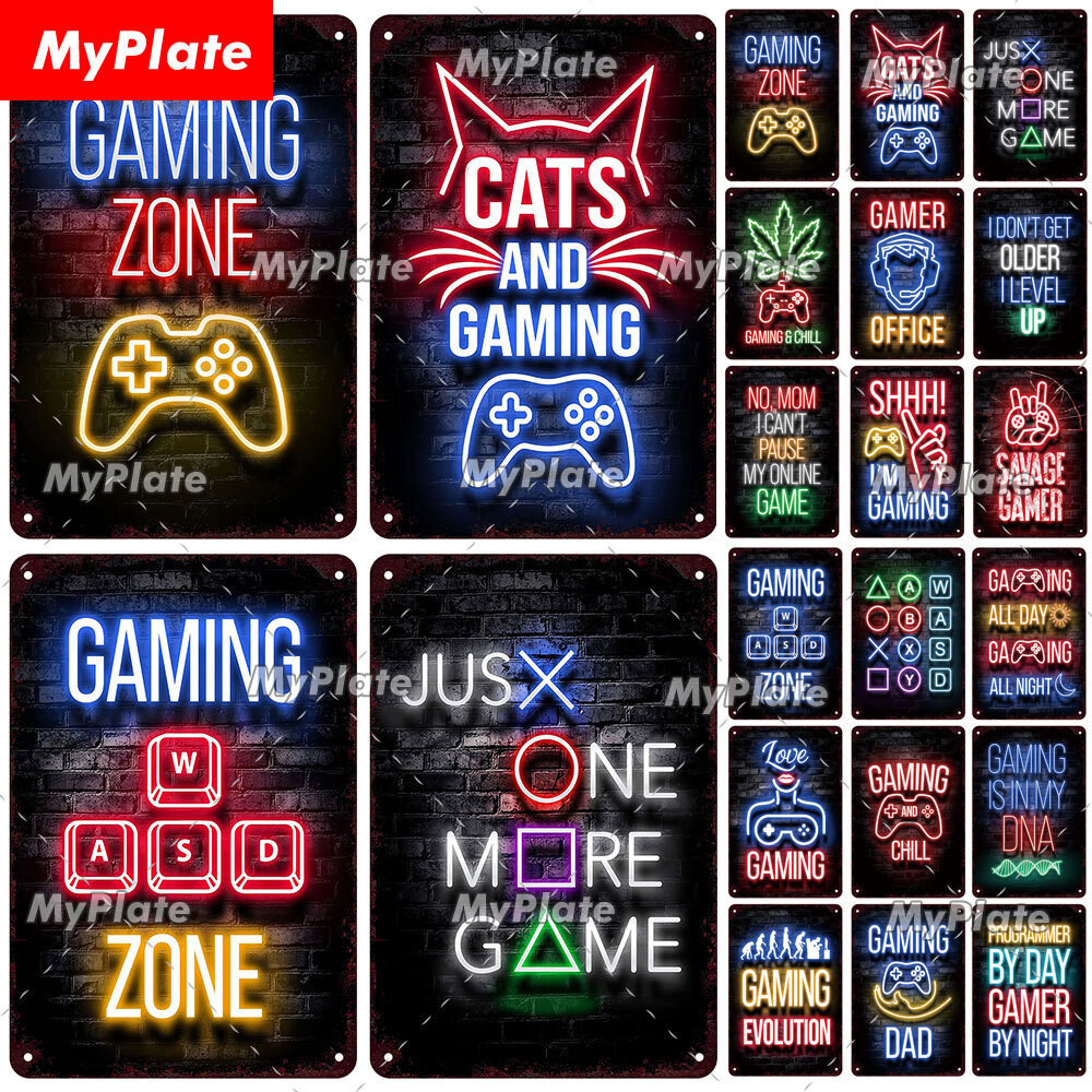 Vintage Gaming Zone Neon Sign Metal Plate Decoración De Pared Para Bar